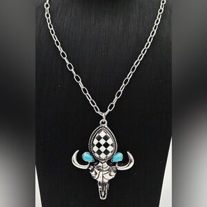Western Longhorn Silver-tone Checker Teardrop Necklace with Turquoise